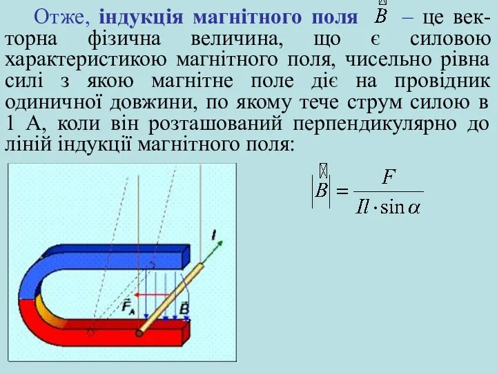 Отже, індукція магнітного поля – це век-торна фізична величина, що є