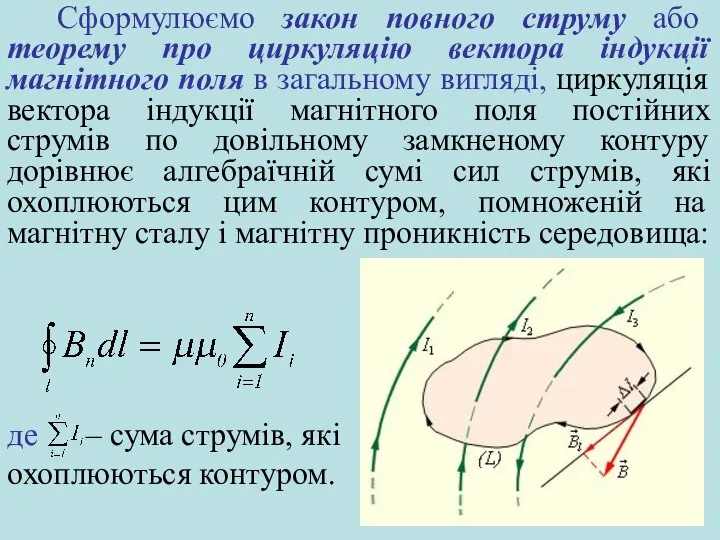 Сформулюємо закон повного струму або теорему про циркуляцію вектора індукції магнітного