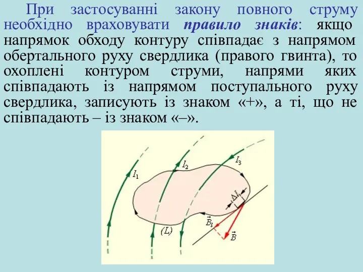 При застосуванні закону повного струму необхідно враховувати правило знаків: якщо напрямок