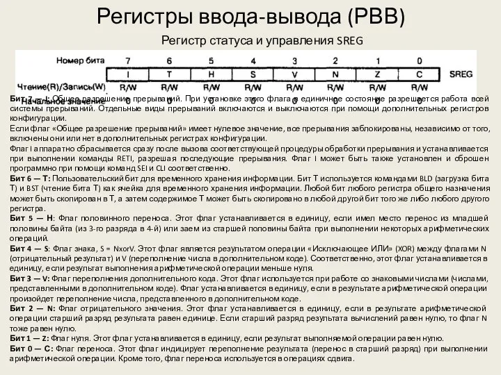 Регистры ввода-вывода (РВВ) Бит 7 — I: Общее разрешение прерываний. При