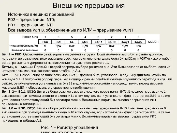 Внешние прерывания Рис. 4 – Регистр управления микроконтроллером Бит 7 —