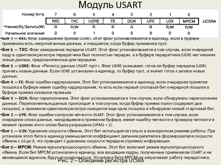 Модуль USART Бит 7 — RXC: Флаг завершения приема USART. Этот