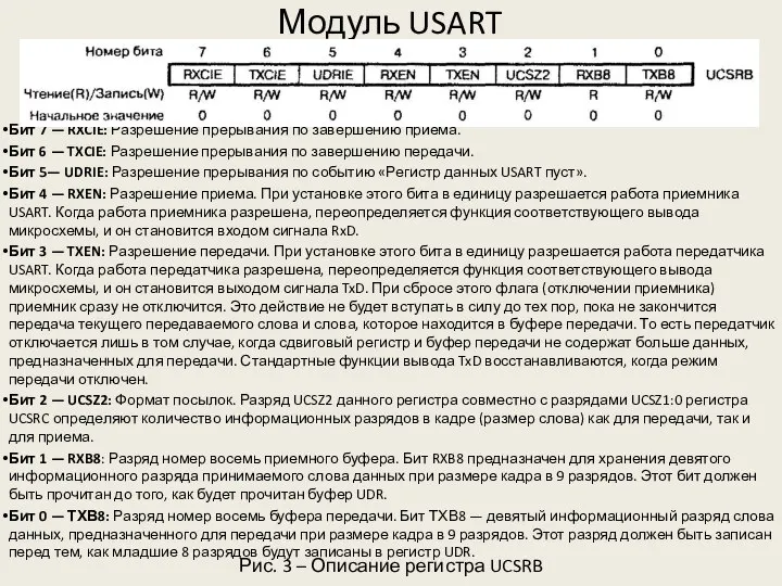 Модуль USART Рис. 3 – Описание регистра UCSRB Бит 7 —