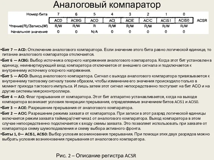 Аналоговый компаратор Бит 7 — ACD: Отключение аналогового компаратора. Если значение