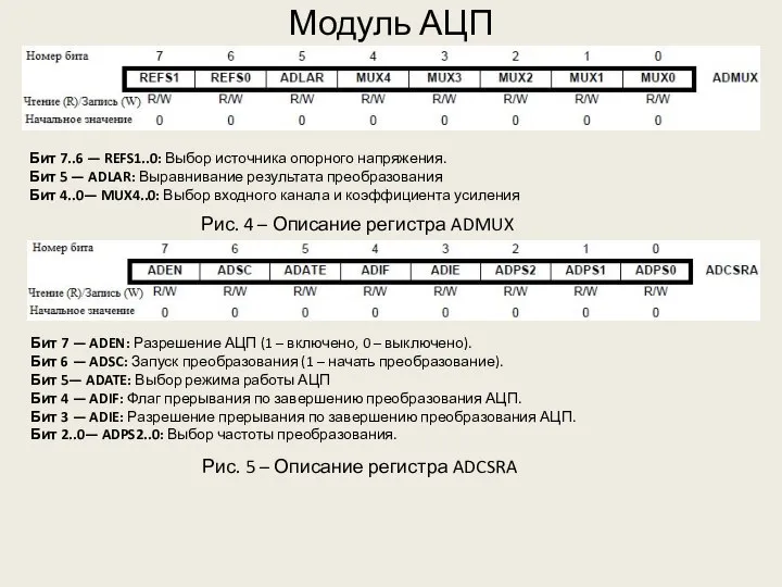 Модуль АЦП Бит 7..6 — REFS1..0: Выбор источника опорного напряжения. Бит