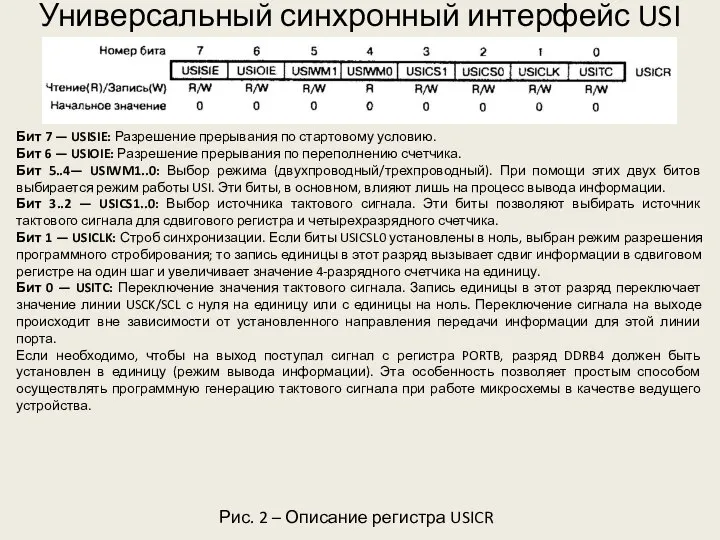 Универсальный синхронный интерфейс USI Рис. 2 – Описание регистра USICR Бит