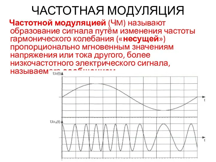 ЧАСТОТНАЯ МОДУЛЯЦИЯ Частотной модуляцией (ЧM) называют образование сигнала путём изменения частоты