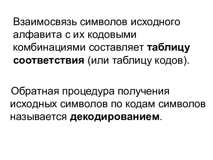 Взаимосвязь символов исходного алфавита с их кодовыми комбинациями составляет таблицу соответствия