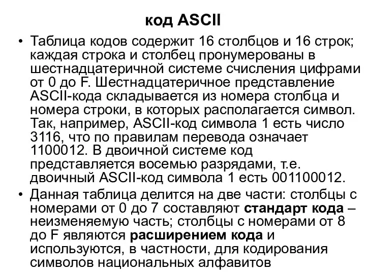 код ASCII Таблица кодов содержит 16 столбцов и 16 строк; каждая