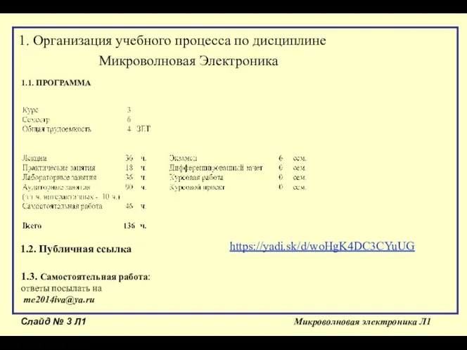 Слайд № Л1 Микроволновая электроника Л1 Микроволновая Электроника 1. Организация учебного