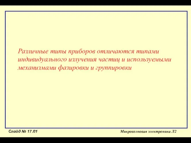 Слайд № Л1 Микроволновая электроника Л2 Различные типы приборов отличаются типами