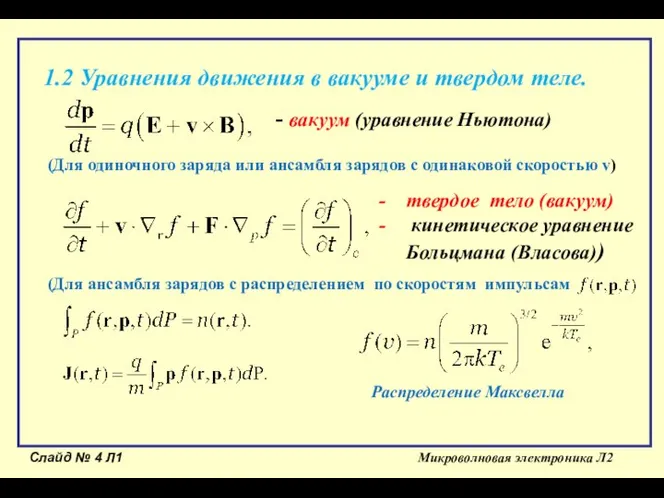 Слайд № Л1 Микроволновая электроника Л2 1.2 Уравнения движения в вакууме