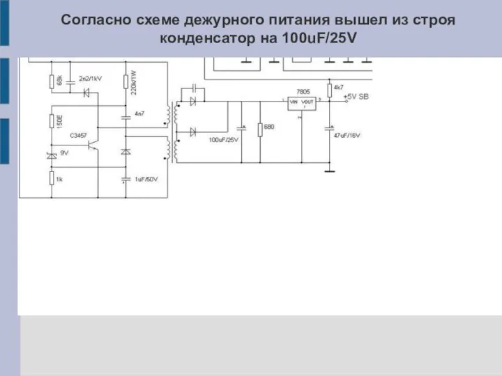 Согласно схеме дежурного питания вышел из строя конденсатор на 100uF/25V