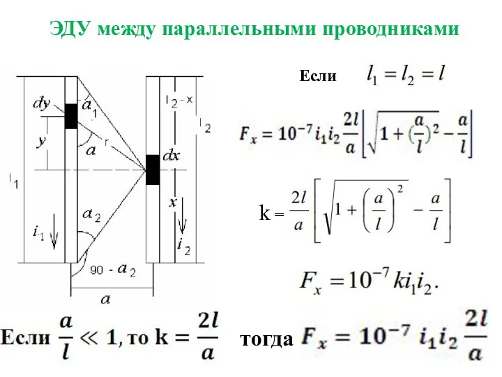 ЭДУ между параллельными проводниками Если k = тогда