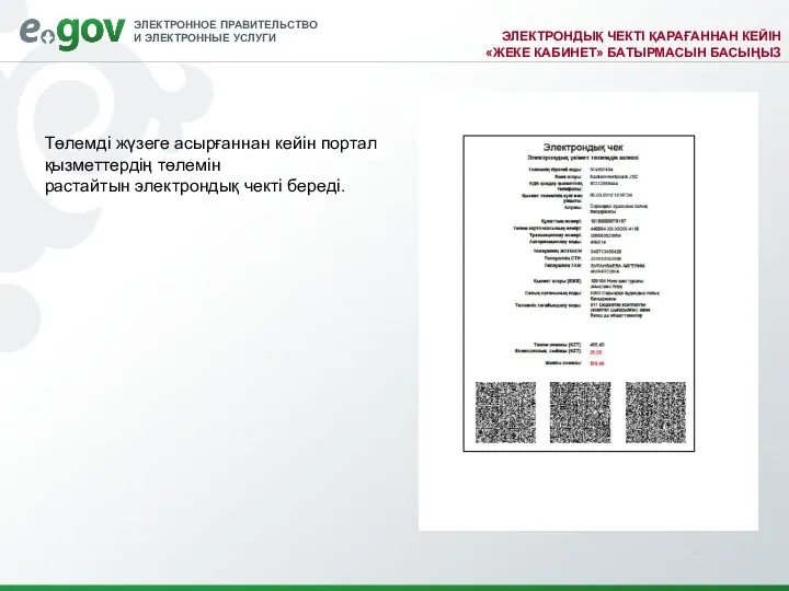 ЭЛЕКТРОНДЫҚ ЧЕКТІ ҚАРАҒАННАН КЕЙІН «ЖЕКЕ КАБИНЕТ» БАТЫРМАСЫН БАСЫҢЫЗ Төлемді жүзеге асырғаннан