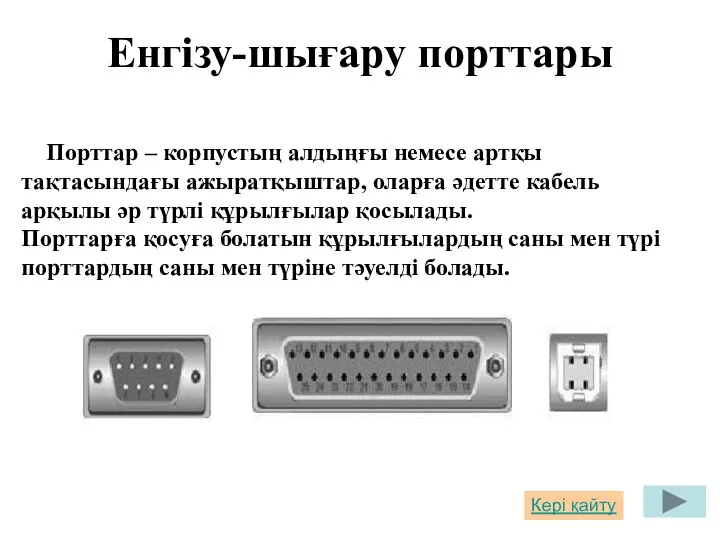 Енгізу-шығару порттары Порттар – корпустың алдыңғы немесе артқы тақтасындағы ажыратқыштар, оларға