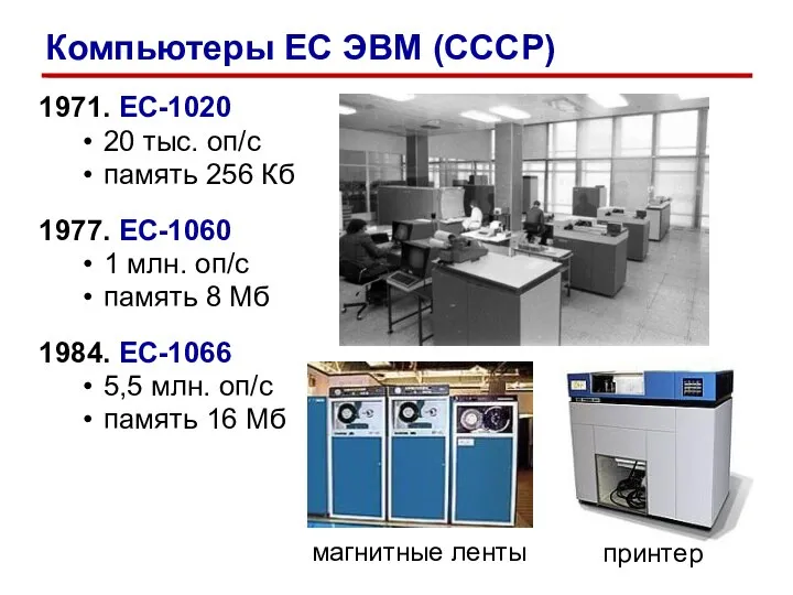 1971. ЕС-1020 20 тыс. оп/c память 256 Кб 1977. ЕС-1060 1