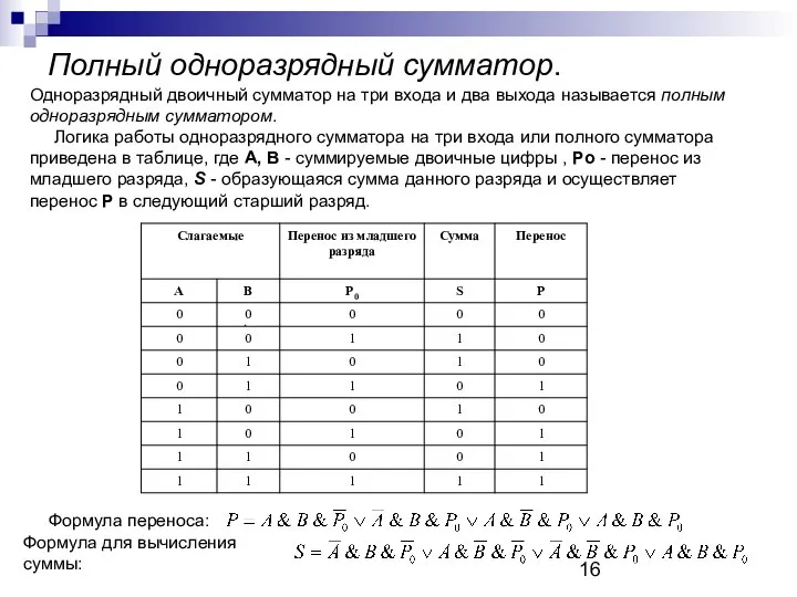 Одноразрядный двоичный сумматор на три входа и два выхода называется полным