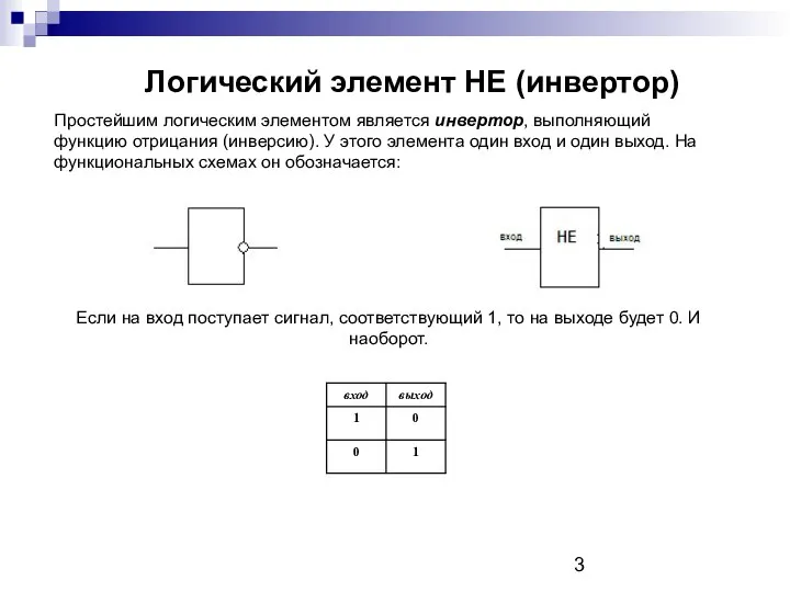 Логический элемент НЕ (инвертор) Простейшим логическим элементом является инвертор, выполняющий функцию