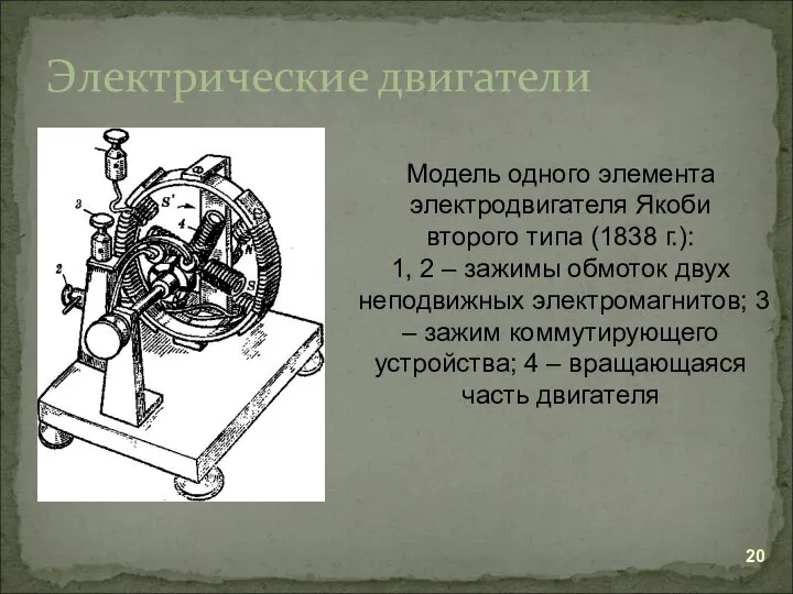 Электрические двигатели Модель одного элемента электродвигателя Якоби второго типа (1838 г.):