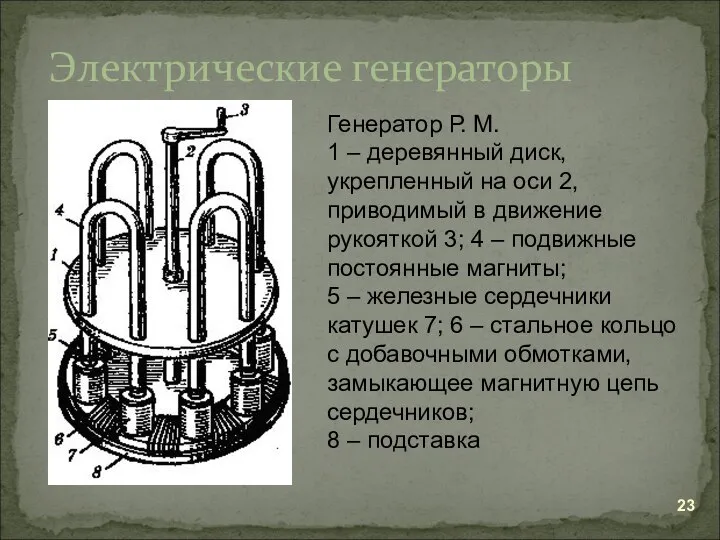 Электрические генераторы Генератор Р. М. 1 – деревянный диск, укрепленный на