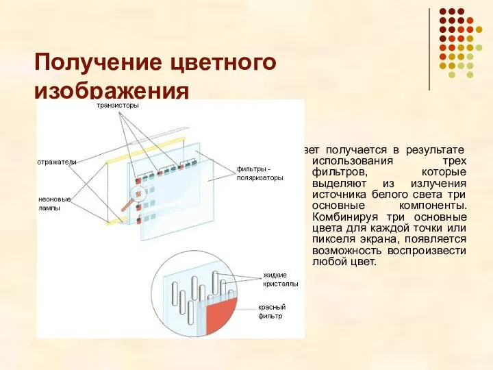 Получение цветного изображения Цвет получается в результате использования трех фильтров, которые