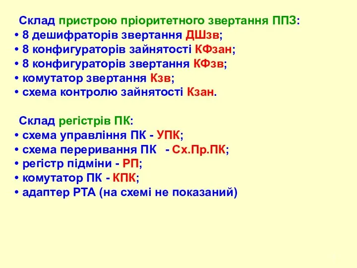 Склад пристрою пріоритетного звертання ППЗ: 8 дешифраторів звертання ДШзв; 8 конфигураторів