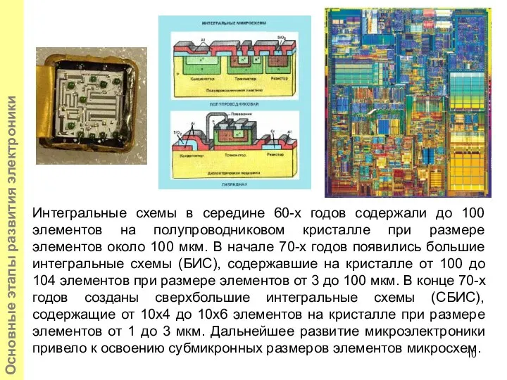 Основные этапы развития электроники Интегральные схемы в середине 60-х годов содержали