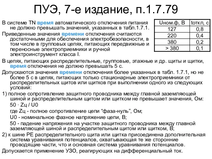 ПУЭ, 7-е издание, п.1.7.79 В системе TN время автоматического отключения питания