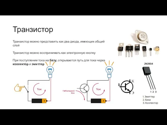 Транзистор Транзистор можно представить как два диода, имеющих общий слой Транзистор