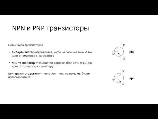 NPN и PNP транзисторы Есть 2 вида транзисторов PNP-транзистор открывается, когда