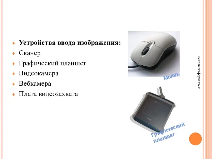 Устройства ввода изображения: Сканер Графический планшет Видеокамера Вебкамера Плата видеозахвата Основы информатики