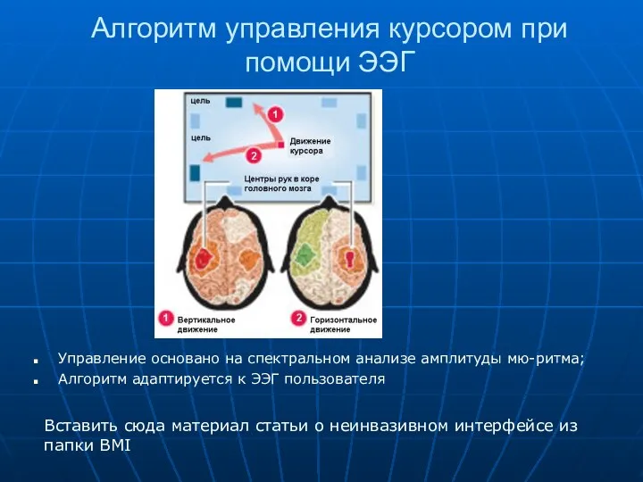 Алгоритм управления курсором при помощи ЭЭГ Управление основано на спектральном анализе