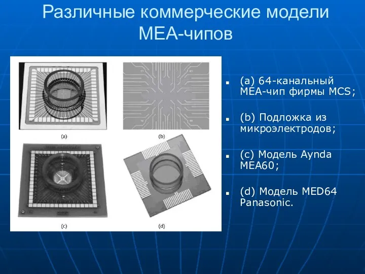 Различные коммерческие модели MEA-чипов (a) 64-канальный MEA-чип фирмы MCS; (b) Подложка