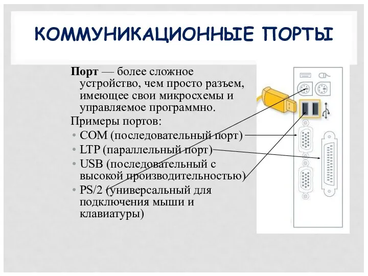 КОММУНИКАЦИОННЫЕ ПОРТЫ Порт — более сложное устройство, чем просто разъем, имеющее