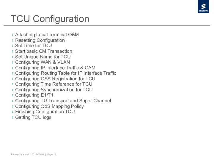 TCU Configuration Attaching Local Terminal O&M Resetting Configuration Set Time for