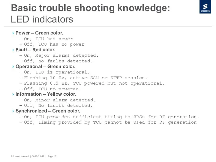 Basic trouble shooting knowledge: LED indicators Power – Green color. On,