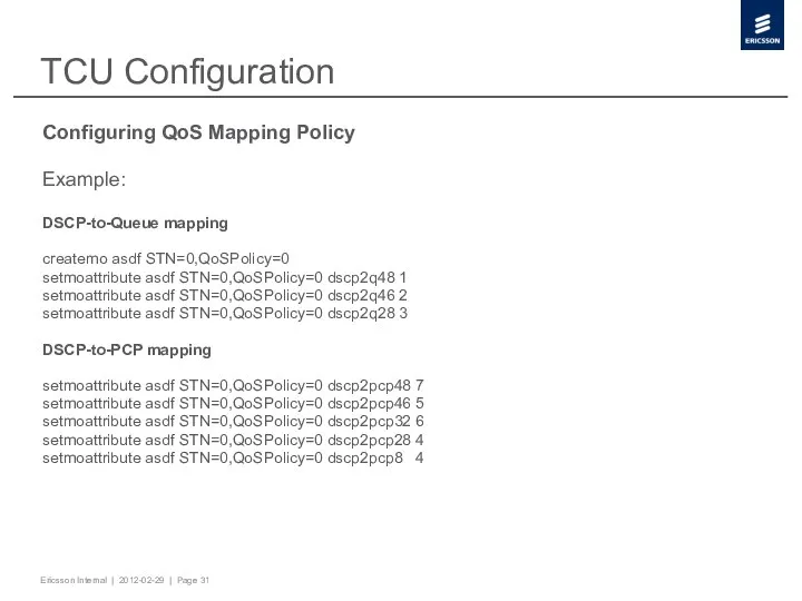 TCU Configuration Configuring QoS Mapping Policy Example: DSCP-to-Queue mapping createmo asdf