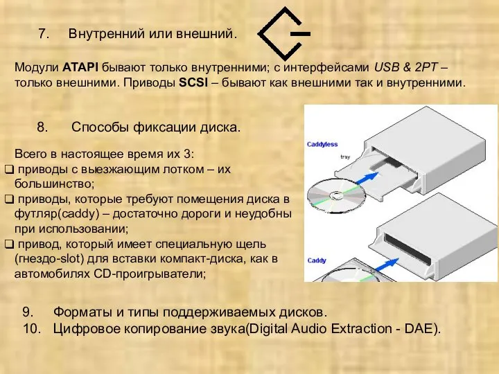 7. Внутренний или внешний. Модули ATAPI бывают только внутренними; с интерфейсами