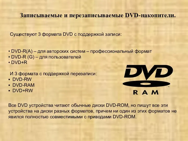 Записываемые и перезаписываемые DVD-накопители. Существуют 3 формата DVD с поддержкой записи: