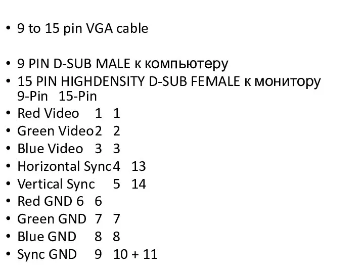 9 to 15 pin VGA cable 9 PIN D-SUB MALE к