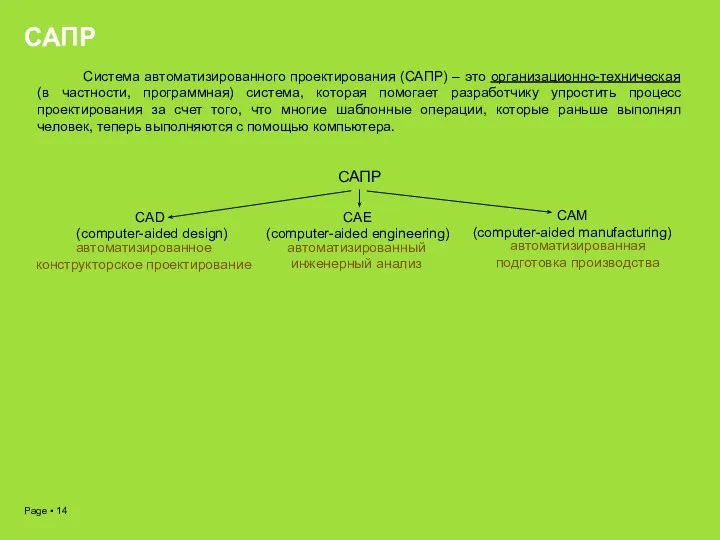 САПР Система автоматизированного проектирования (САПР) – это организационно-техническая (в частности, программная)