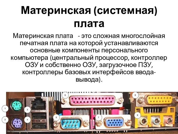 Материнская (системная) плата Материнская плата - это сложная многослойная печатная плата