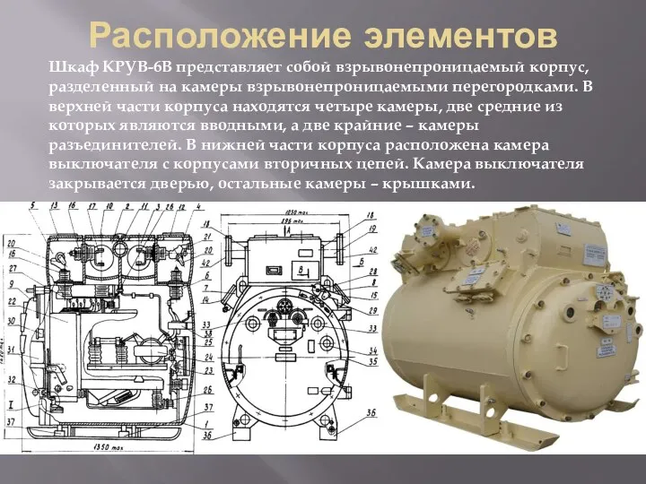Расположение элементов Шкаф КРУВ-6В представляет собой взрывонепроницаемый корпус, разделенный на камеры