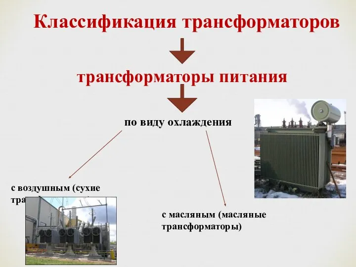 Классификация трансформаторов трансформаторы питания по виду охлаждения с воздушным (сухие трансформаторы) с масляным (масляные трансформаторы)