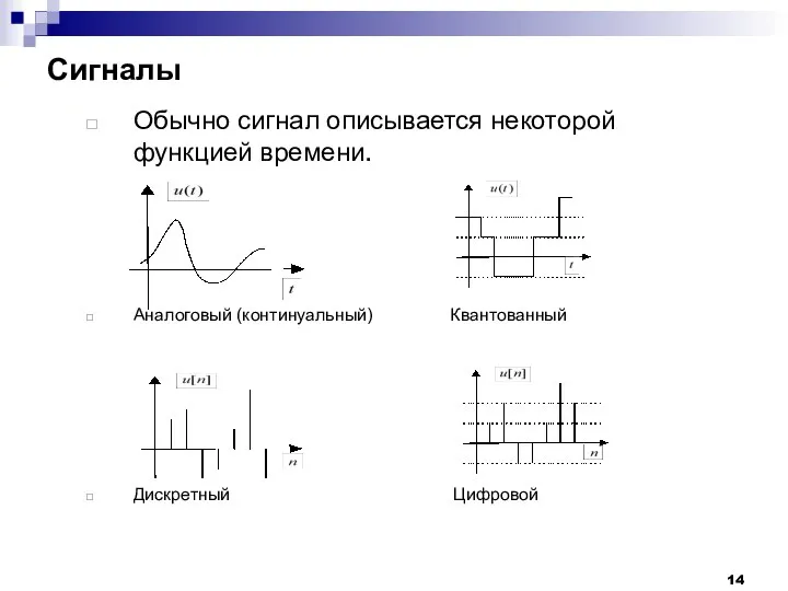 Сигналы Обычно сигнал описывается некоторой функцией времени. Аналоговый (континуальный) Квантованный Дискретный Цифровой