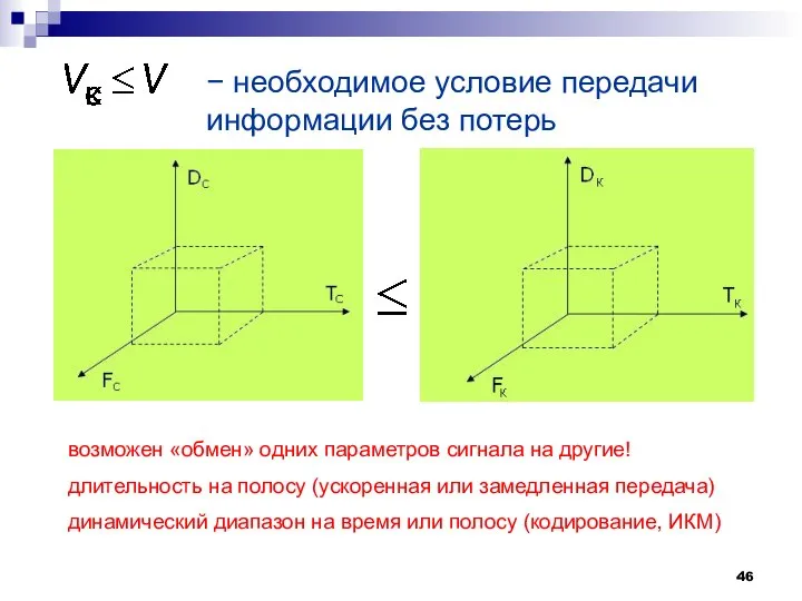 − необходимое условие передачи информации без потерь возможен «обмен» одних параметров