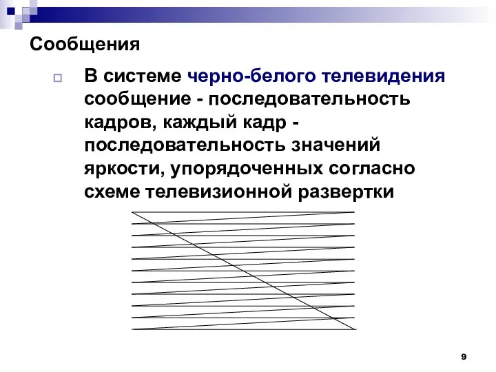 Сообщения В системе черно-белого телевидения сообщение - последовательность кадров, каждый кадр