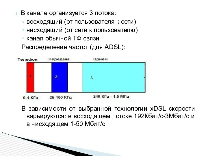 В канале организуется 3 потока: восходящий (от пользователя к сети) нисходящий
