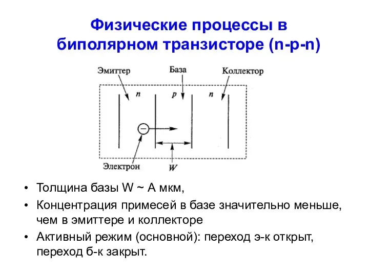 Физические процессы в биполярном транзисторе (n-p-n) Толщина базы W ~ А